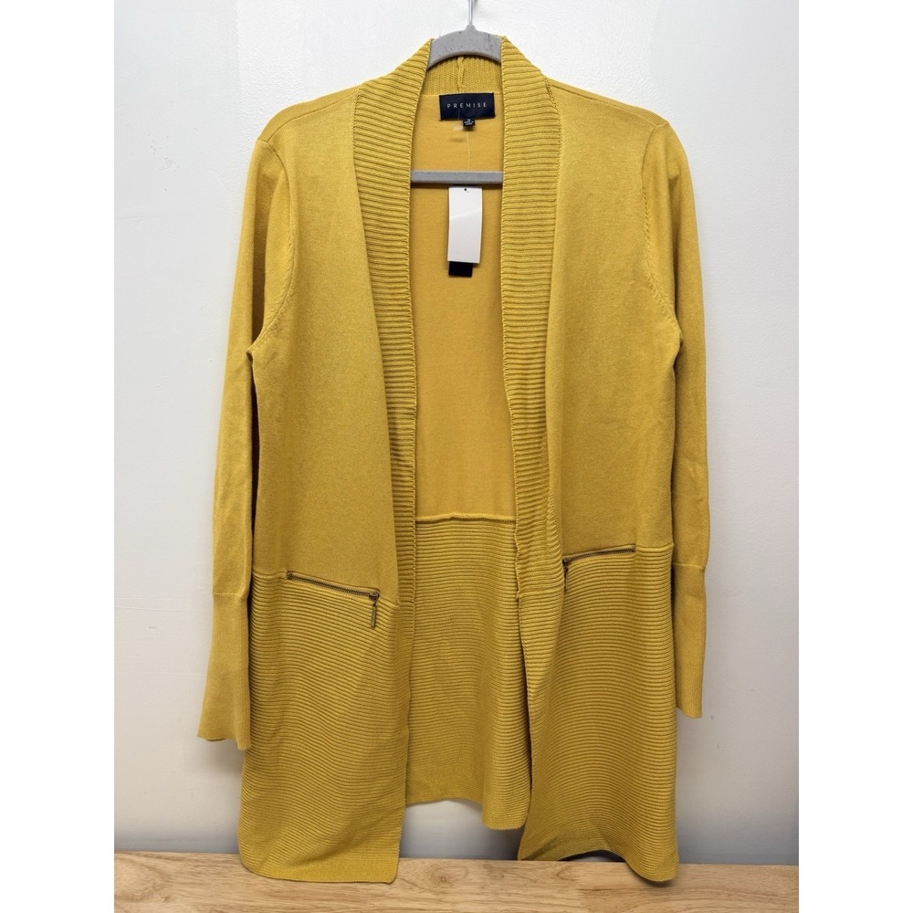 Premise Cardigan Womens Medium Mustard Dijon Open Front Long Knit New Tags #57